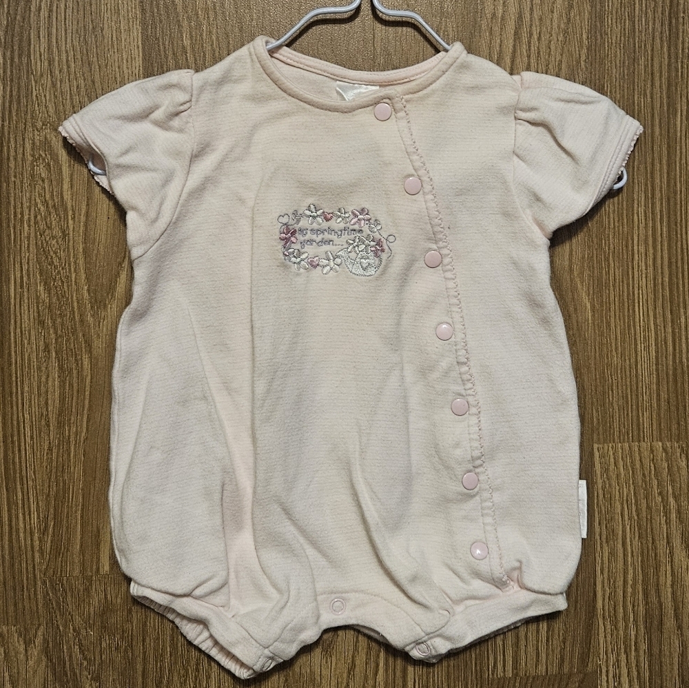 Vintage Pink Baby Romper with Floral Embroidery Size 0 to 3 Months